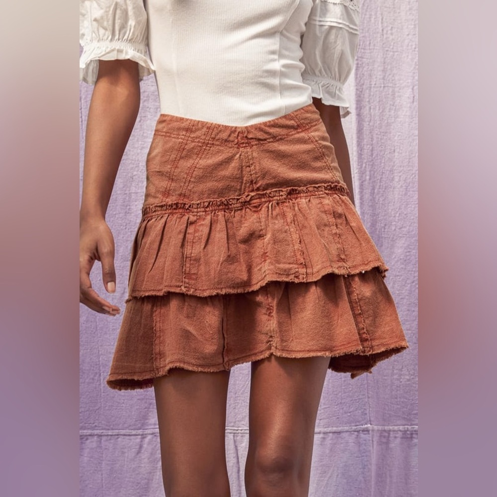 Free People “Ruffles in the Sand” Rust Tiered Mini Skirt – Size 8